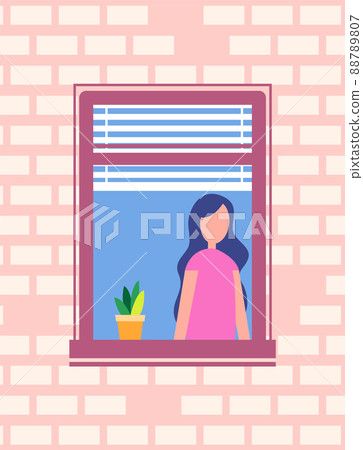 Woman Standing Near Open Window, Flower Pot Vector Woman Standing Near Open Window, Flower Pot Vector 88789807