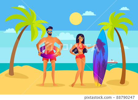 Man and Woman on Beach with Surfboard and Ring Man and Woman on Beach with Surfboard and Ring 88790247