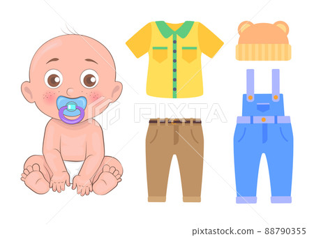 Cute Baby and Clothing Set Isolated on White Card Cute Baby and Clothing Set Isolated on White Card 88790355