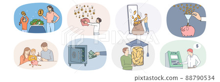 Set of happy people saving money for future needs Set of happy people saving money for future needs 88790534