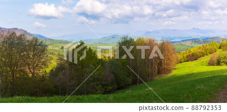 mountainous countryside in early spring. trees on the grassy hillside meadow. ridge with high peak in the far distance. clouds on the sky. beautiful nature of carpathians 88792353