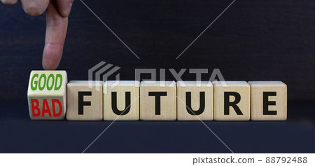 Good or bad future symbol. Turned wooden cubes and changed concept words Bad future to Good future. Beautiful grey table grey background, copy space. Business bad or good future concept. Good or bad future symbol. Turned wooden cubes and changed concept words Bad future to Good future. Beautiful grey table grey background, copy space. Business bad or good future concept. 88792488