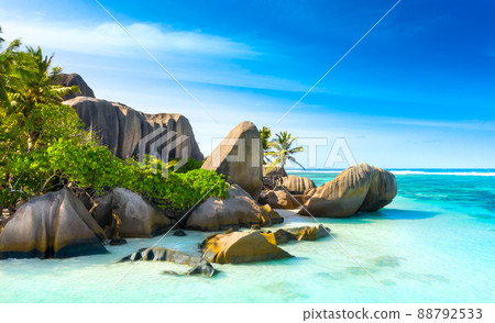 Anse Source D'Argent - the most beautiful beach of Seychelles. La Digue Island, Seychelles Anse Source D'Argent - the most beautiful beach of Seychelles. La Digue Island, Seychelles 88792533