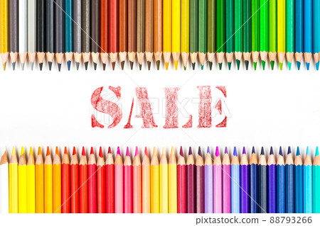 Multi-colored wooden sticks Wooden colouring pencils and sale on white background 88793266