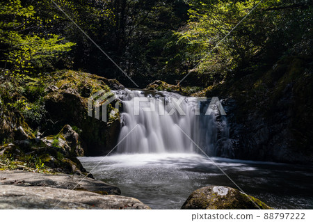 Water flowing from a waterfall A waterfall that flows like a white thread 88797222
