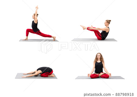 Male yoga set. Handsome athletic caucasian blond long-haired man does various asanas, collage of 4 exercises, isolated on white. 88798918