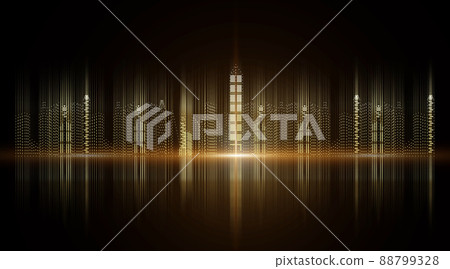 Virtual golden particle digital city skyline at night on black background 88799328