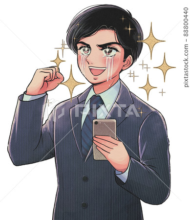 A handsome office worker who holds a smartphone and sheds tears in a guts pose, glitter 88800440