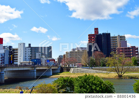 City of Trees Sendai Spring Hirose River left bank Nagamachi cityscape seen from the upstream of Hirose Bridge City of Trees Sendai Spring Hirose River left bank Nagamachi cityscape seen from the upstream of Hirose Bridge 88801436