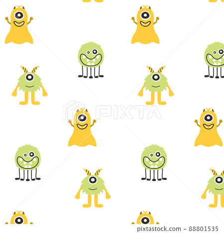 Monster Halloween seamless pattern. Cute cartoon characters in simple hand-drawn Scandinavian style. Vector childish funny doodle illustration. Baby clothes, textiles, fabric, wallpaper,paper 88801535