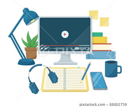 在線觀看視頻時學習的插圖. 電腦顯示器、筆記本和耳機。 88802739