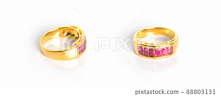 Ruby stones Jewel or gems ring on white background with reflection. Collection of natural gemstones accessories. Studio shot Ruby stones Jewel or gems ring on white background with reflection. Collection of natural gemstones accessories. Studio shot 88803131