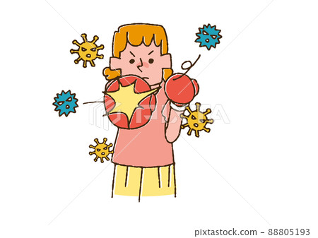 一個排斥病毒的女人，一個滑稽的手寫人，一個矢量，一幅彩色線條畫 88805193