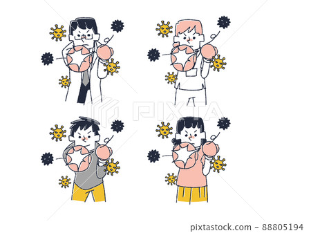 一組排斥病毒的人 可笑的手寫數字矢量,彩色線條圖 一組排斥病毒的人 可笑的手寫數字矢量,彩色線條圖 88805194