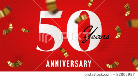 50 years anniversary party vector banner template. Fifty year jubilee greeting with golden confetti decoration on red spotted background 88805987