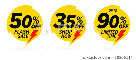 Flash sale discount clearance label set with lightning bolt. Limited time flash sale shop now with 50, 35 up to 90 percent price off yellow round badge vector illustration isolated on white background 88806114