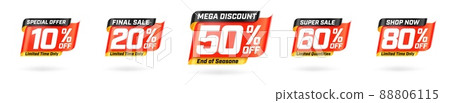Special offer, final sale marketing promotion material. Limited time only mega discount, super sale on end off season, shop now with 10,20, 50, 60, 80 three-dimension vector illustration isolated set 88806115