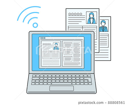 Illustration of creating and submitting a resume on a laptop computer. Online recruiting activities. Recruitment selection of personnel. 88808561