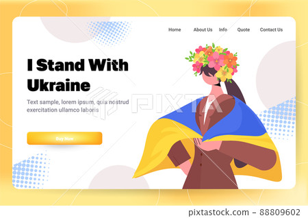 woman protester holding Ukrainian flag pray for Ukraine peace save Ukraine from russia stop war concept 88809602