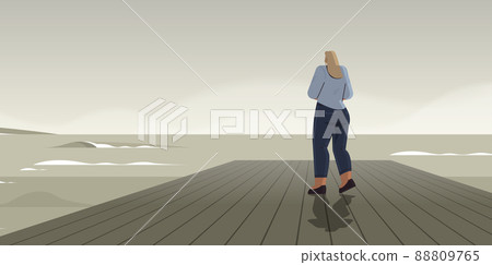 rear view businesswoman standing on wooden pier and looking to sea business and challenge crisis bankruptcy 88809765