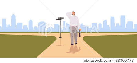 frustrated businessman choosing right direction at road sign important choice career path opportunities concept frustrated businessman choosing right direction at road sign important choice career path opportunities concept 88809778