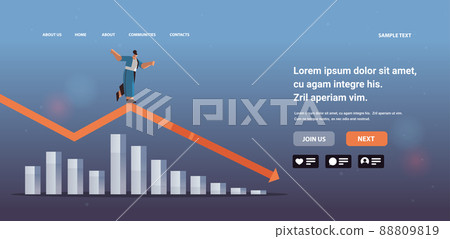businesswoman standing on downward red arrow recession financial crisis bankruptcy concept horizontal businesswoman standing on downward red arrow recession financial crisis bankruptcy concept horizontal 88809819