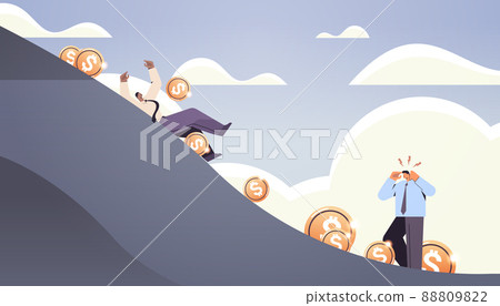 frustrated businesspeople and dollar coins falling into abyss downward arrow devaluation financial crisis bankruptcy frustrated businesspeople and dollar coins falling into abyss downward arrow devaluation financial crisis bankruptcy 88809822