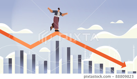 businesswoman standing on downward red arrow recession financial crisis bankruptcy concept businesswoman standing on downward red arrow recession financial crisis bankruptcy concept 88809823