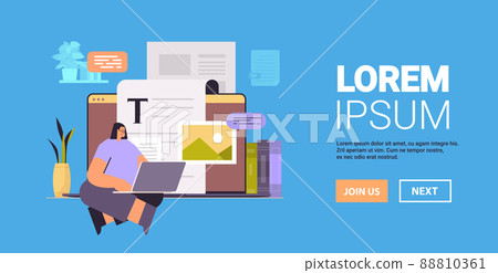 woman article editor writing publicity post female journalist using laptop copywriting selection and verification content 88810361