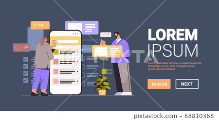 web developers couple creating program code on smartphone screen development of software and programming 88810368