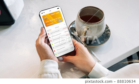Mobile banking application. Girl holding mobile phone with internet online bank app. Credit card wallet application. Save money business wallet. 88810634