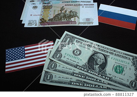 [Thumbnails of articles on US dollars, Russian rubles, foreign exchange, FX, stocks, etc.] Russian rubles banknotes and charts 88811327