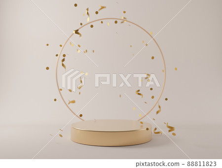 Golden podium with falling confetti on cream background. Elegant podium for product, cosmetic presentation. Luxury mockup. Pedestal or platform for beauty products. Empty scene. 3D rendering. 88811823