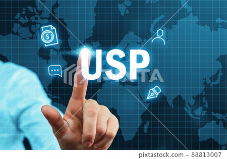 Acronym USP or Unique Selling Proposition. Person clicks on an abstract display with icons 88813007