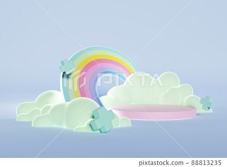3D rendering of colorful pastel clouds and rainbow with empty space for kids or baby products. 3D rendering of colorful pastel clouds and rainbow with empty space for kids or baby products. 88813235