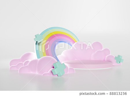 3D rendering of colorful pastel clouds and rainbow with empty space for kids or baby products. 3D rendering of colorful pastel clouds and rainbow with empty space for kids or baby products. 88813236
