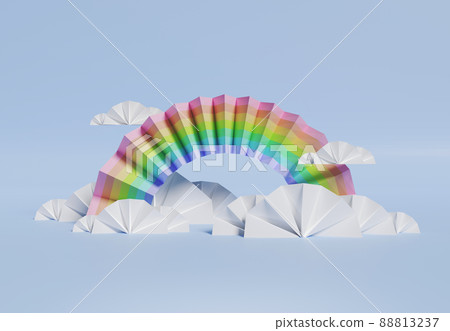 3D rendering of colorful pastel clouds and rainbow with empty space for kids or baby products. 3D rendering of colorful pastel clouds and rainbow with empty space for kids or baby products. 88813237