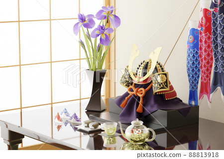 Helmet decoration and carp streamer placed in a Japanese-style room with a refreshing light / Children's Day, Dragon Boat Festival, Image of traditional Japanese events 88813918