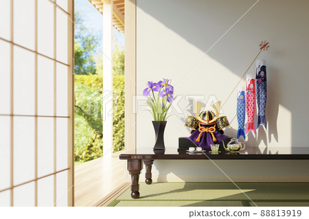 Helmet decoration and carp streamer placed in a Japanese-style room with a refreshing light / Children's Day, Dragon Boat Festival, Image of traditional Japanese events Helmet decoration and carp streamer placed in a Japanese-style room with a refreshing light / Children's Day, Dragon Boat Festival, Image of traditional Japanese events 88813919