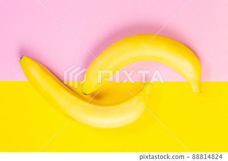 Two yellow bananas lie on a yellow-pink background. Flat lay. The concept of LGBT and homosexuality 88814824
