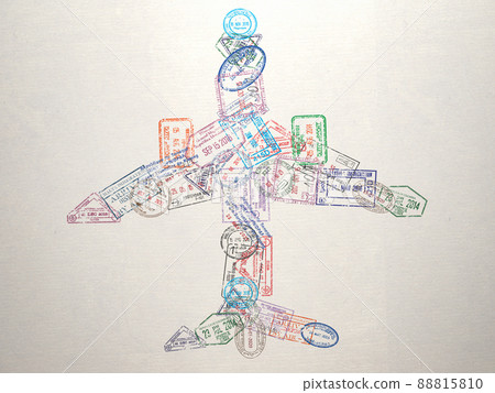 Passport stamps of different visa country in form of a airplane. Travel, tourism and immigration concept background. 88815810