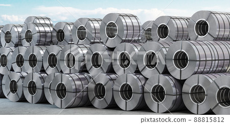 Rolls of metal sheet. Zinc, aluminium or steel sheet rolls on warehouse in factory. 3d illustration 88815812