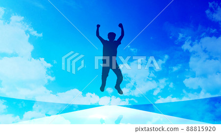 A man jumping forward on a straight road_blue sky background wide 88815920