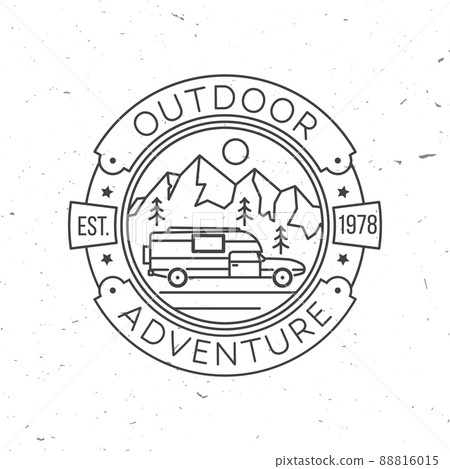 Outdoor adventure. Vector illustration. Concept for shirt or print, stamp or tee. Vintage line art design with Camper trailer and mountain silhouette. Outdoor adventure. Vector illustration. Concept for shirt or print, stamp or tee. Vintage line art design with Camper trailer and mountain silhouette. 88816015