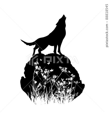 Silhouette of a wolf howling on a stone. Vector illustration Silhouette of a wolf howling on a stone. Vector illustration 88818545