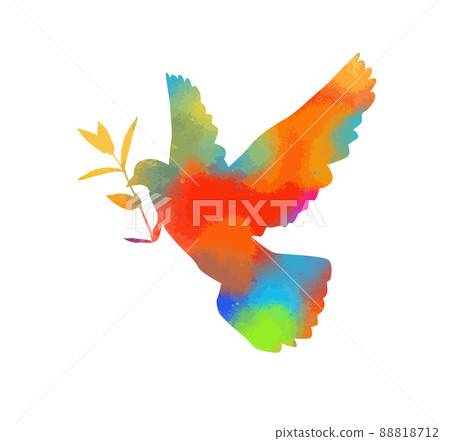 Vector colorful silhouette of a flying dove with branch on a white background. 88818712