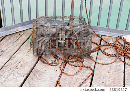 A crab pot lays on a deck with ropes 88819837