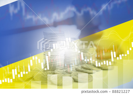 Ukraine flag and Old wood Judge hammer with stacking coins in close-up and coins stack Stock market investment trading financial, trade losses during the war, Business losses on stock market chart. 88821227
