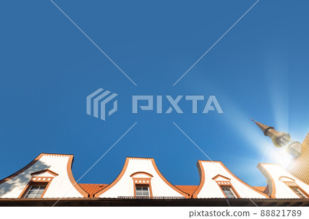 Crop of Rauschen building facade on blue sky background, Crop of Rauschen building facade on blue sky background, 88821789