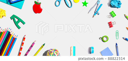 Collection of school supplies overhead view 88822314